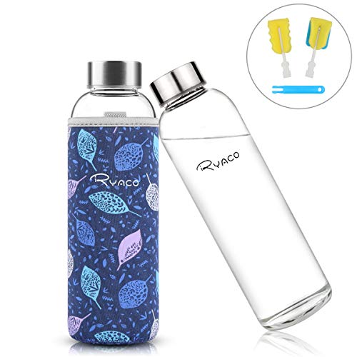 Ryaco Botella de Agua Cristal 550ml, Botella de Agua Reutilizable 18 oz, Sin BPA Antideslizante Protección Neopreno Llevar Manga y Cepillo de Esponja (Foglia BLU)