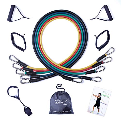 Ryher Gomas elásticas Fitness y Ejercicio - Set de Bandas de Resistencia con Asas, Correas para los Tobillos, Anclaje para Puertas – Deporte en Casa, Gym, Crossfit, Pesas y Musculacion - Pack 2019