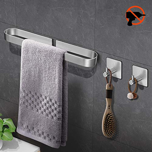 RYMALL Porta Toallas Baño 40cm,Pegamento Patentado + Autoadhesivo,Toallero Barra Fijar Sin Taladro,Aluminio,Acabado Mate estilo contemporáneo(Con 2 ganchos)