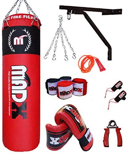Saco de boxeo pesado MADX con relleno de 152,4 cm (incluye cadena, soporte, guantes y cuerda)