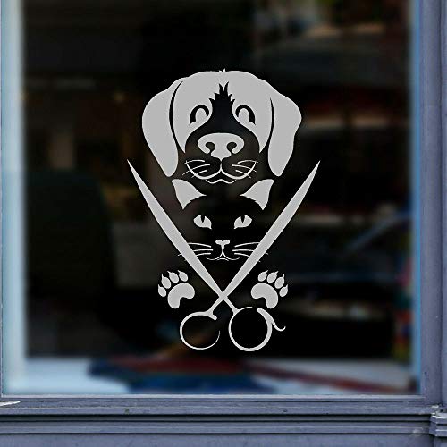 Salón de mascotas Tatuajes de pared Vinilo Mascotas Salón de belleza Perro Gato Logotipo Tijeras Pegatinas de pared Mascotas impermeables Tienda Decoración Mural 42x27cm