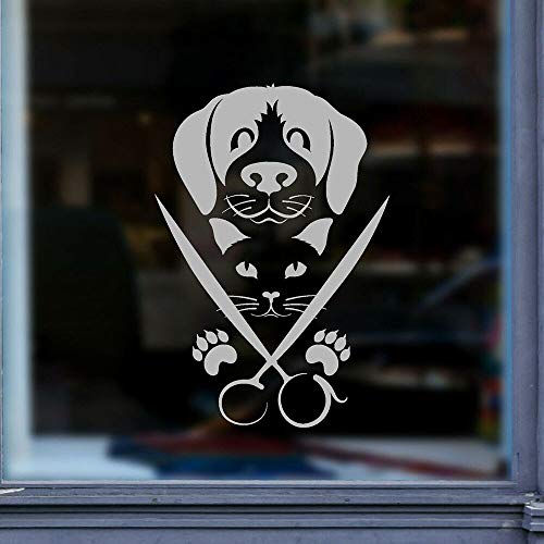 Salón de mascotas Tatuajes de pared Vinilo Mascotas Salón de belleza Perro Gato Logotipo Tijeras Pegatinas de pared Mascotas impermeables Tienda Decoración Mural 42x27cm