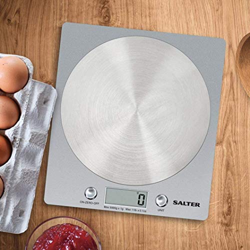 Salter 1036 SVSSDR báscula electrónica de Cocina, Ultrafino con Plataforma de Disco de Acero Inoxidable, función de adición y pesaje, Capacidad de 5 kg, 15 años de garantía, Gris, Plateado