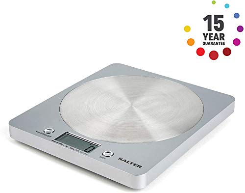 Salter 1036 SVSSDR báscula electrónica de Cocina, Ultrafino con Plataforma de Disco de Acero Inoxidable, función de adición y pesaje, Capacidad de 5 kg, 15 años de garantía, Gris, Plateado