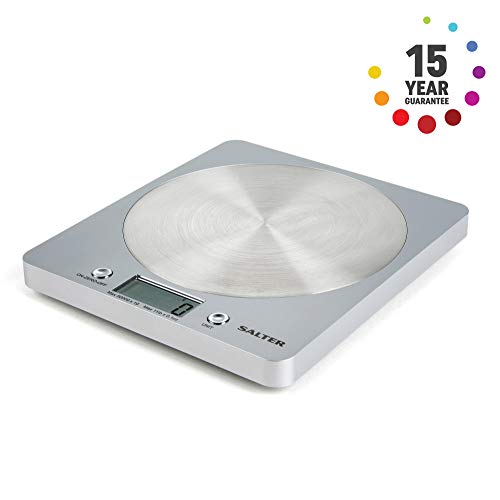 Salter 1036 SVSSDR báscula electrónica de Cocina, Ultrafino con Plataforma de Disco de Acero Inoxidable, función de adición y pesaje, Capacidad de 5 kg, 15 años de garantía, Gris, Plateado