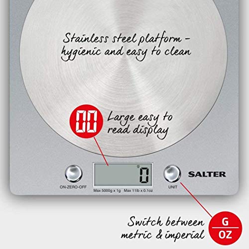 Salter 1036 SVSSDR báscula electrónica de Cocina, Ultrafino con Plataforma de Disco de Acero Inoxidable, función de adición y pesaje, Capacidad de 5 kg, 15 años de garantía, Gris, Plateado