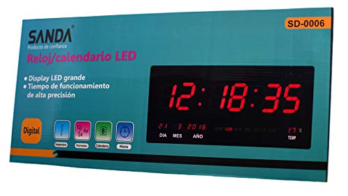 Sanda SD-0006 Reloj Digital de Pared Led Color Rojo Calendario Termometro Clock Hora Fuente de Alimentacion