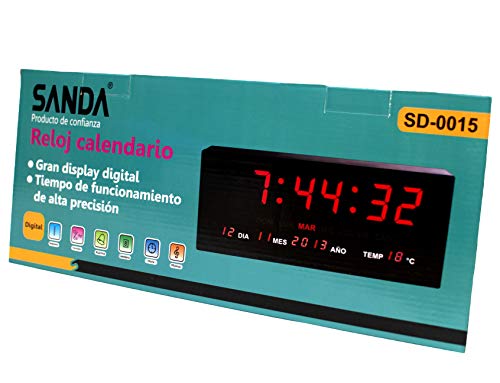 Sanda SD-0015 Reloj Digital de Pared y Mesa Led Color Rojo Calendario Termometro Alarma Despertador Clock Hora Fuente de Alimentacion
