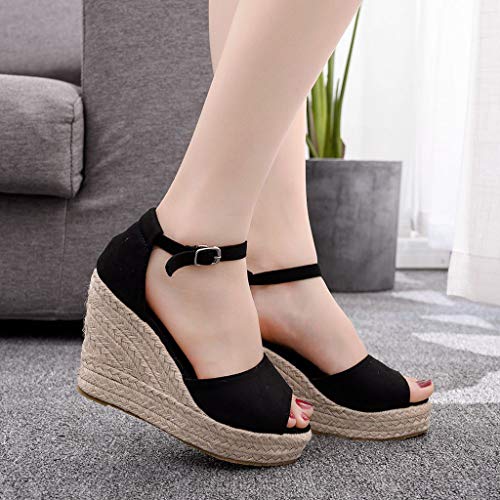 Sandalias de Mujer Plataforma,JiaMeng Moda Polaco Dull Costura Peep Toe Cuñas Hasp Sandalias Zapatos Flatform Sandalias Mujer Cuña Alpargatas Plataforma (Negro#5, 33)