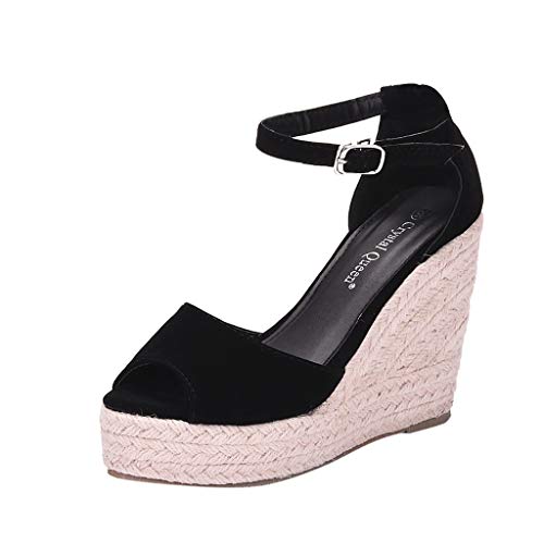 Sandalias de Mujer Plataforma,JiaMeng Moda Polaco Dull Costura Peep Toe Cuñas Hasp Sandalias Zapatos Flatform Sandalias Mujer Cuña Alpargatas Plataforma (Negro#5, 33)