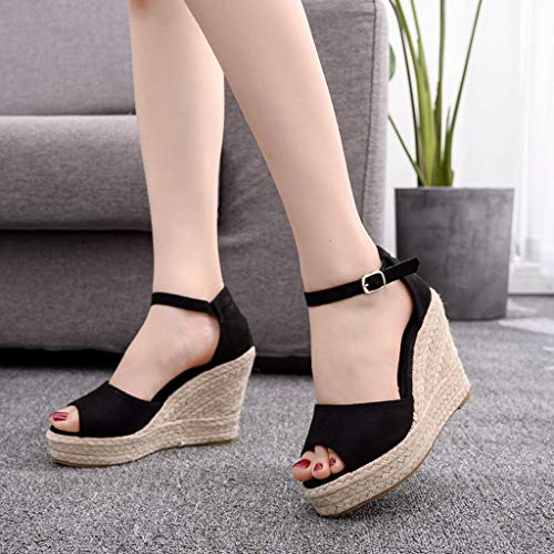 Sandalias de Mujer Plataforma,JiaMeng Moda Polaco Dull Costura Peep Toe Cuñas Hasp Sandalias Zapatos Flatform Sandalias Mujer Cuña Alpargatas Plataforma (Negro#5, 33)