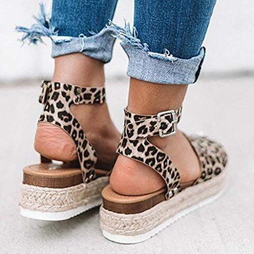 Sandalias Mujer Verano 2019 cáñamo Fondo Grueso Sandalias Punta Abierta Cuero Fondo Plano Zapatos Bohemias Romanas Hebilla Zapatillas Gris 35-43 riou