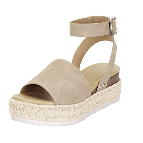 Sandalias Mujer Verano 2019 cáñamo Fondo Grueso Sandalias Punta Abierta Cuero Fondo Plano Zapatos Bohemias Romanas Hebilla Zapatillas Gris 35-43 riou