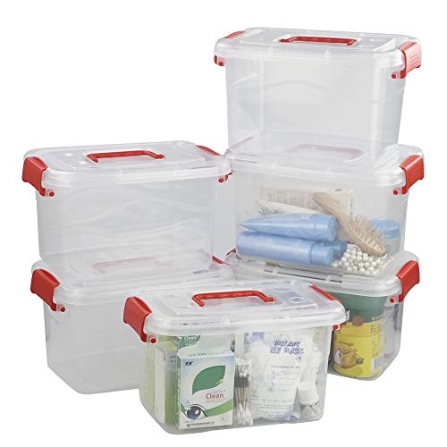 Sandmovie Cajas de Almacenamiento Plástico Transparente con Tapas y Rojas Asas, 6 Paquetes