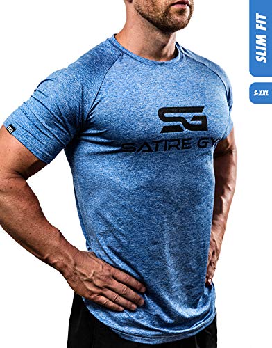 Satire Gym Camiseta de Fitness para Hombre - Ropa Deportiva Funcional - Adecuada para Workout, Entrenamiento - Slim fit (Azul Moteado, M)