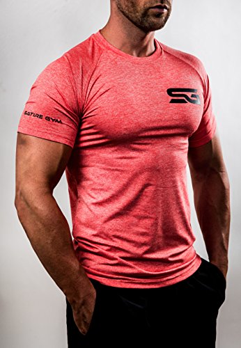 Satire Gym Camiseta de Fitness para Hombre - Ropa Deportiva Funcional - Adecuada para Workout, Entrenamiento - Slim fit (Rojo Moteado, L)