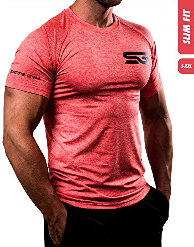 Satire Gym Camiseta de Fitness para Hombre - Ropa Deportiva Funcional - Adecuada para Workout, Entrenamiento - Slim fit (Rojo Moteado, L)