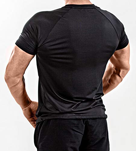Satire Gym Fitness – Camiseta para hombre – Ropa deportiva funcional con personaje Satire – Varios colores y diseños – Adecuado para entrenamiento, Slim Fit, Color negro y rojo., large