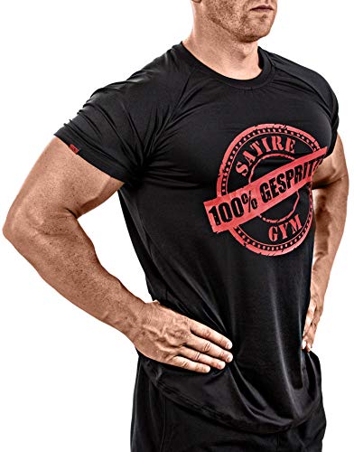 Satire Gym Fitness – Camiseta para hombre – Ropa deportiva funcional con personaje Satire – Varios colores y diseños – Adecuado para entrenamiento, Slim Fit, Color negro y rojo., large