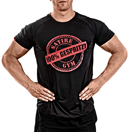 Satire Gym Fitness – Camiseta para hombre – Ropa deportiva funcional con personaje Satire – Varios colores y diseños – Adecuado para entrenamiento, Slim Fit, Color negro y rojo., large