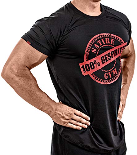 Satire Gym Fitness – Camiseta para hombre – Ropa deportiva funcional con personaje Satire – Varios colores y diseños – Adecuado para entrenamiento, Slim Fit, Color negro y rojo., large