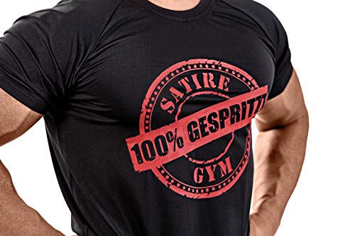 Satire Gym Fitness – Camiseta para hombre – Ropa deportiva funcional con personaje Satire – Varios colores y diseños – Adecuado para entrenamiento, Slim Fit, Color negro y rojo., large