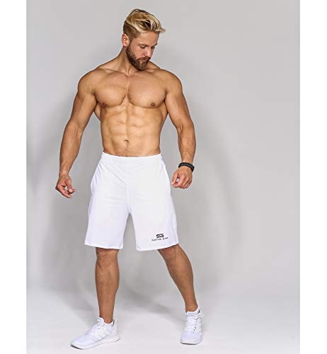 Satire Gym – Para Hombres – Pantalón de Deporte Corto - Fitness Loose Fit Shorts (Blanco, L)