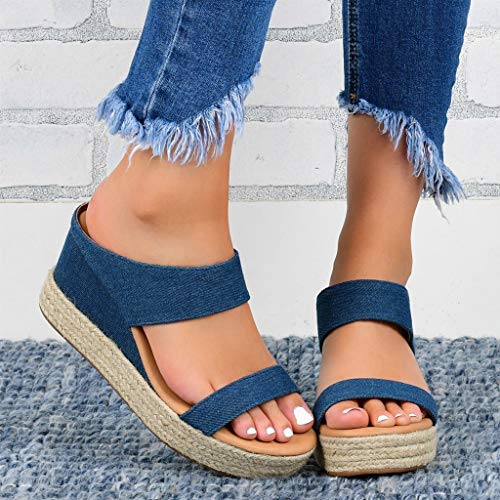 Scenxion - Sandalias de cuña para mujer con plataforma de paja con puntera abierta, tacón medio y cuña sin cordones, sandalias de playa transpirables para mujer, color Azul, talla 38.5 EU