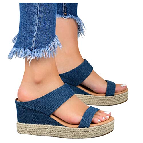 Scenxion - Sandalias de cuña para mujer con plataforma de paja con puntera abierta, tacón medio y cuña sin cordones, sandalias de playa transpirables para mujer, color Azul, talla 38.5 EU