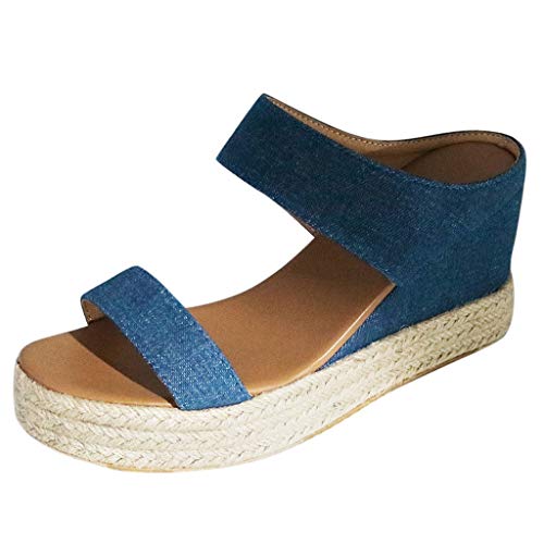 Scenxion - Sandalias de cuña para mujer con plataforma de paja con puntera abierta, tacón medio y cuña sin cordones, sandalias de playa transpirables para mujer, color Azul, talla 38.5 EU