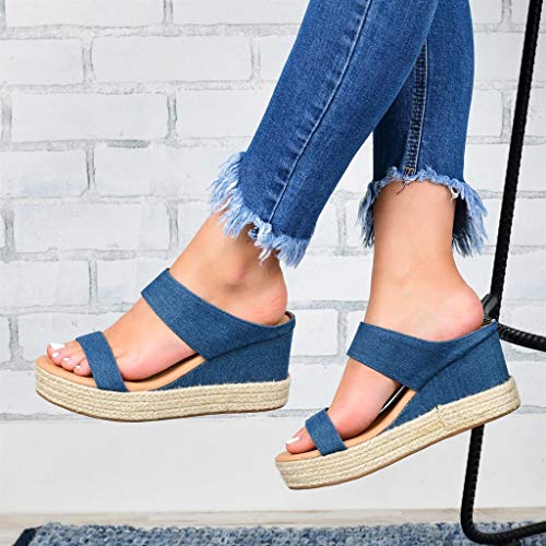 Scenxion - Sandalias de cuña para mujer con plataforma de paja con puntera abierta, tacón medio y cuña sin cordones, sandalias de playa transpirables para mujer, color Azul, talla 38.5 EU