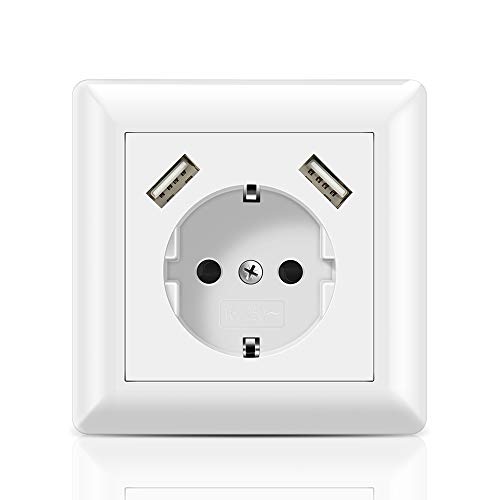 Schuko Enchufe con 2 puertos USB 2.8A Toma de pared USB Cabe en Caja Estándar Empotrada, Enchufe Superficie USB para Smartphone Tablet MP3, etc.