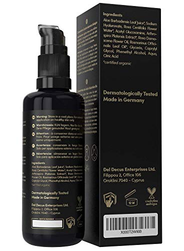 Serum Facial de Acido Hialuronico Puro ORGÁNICO Altamente Dosificado 50ml– Uso con Crema Antiarrugas Mujer – Gel Concentrado con Aloe Vera para Contorno de Ojos - Hecho en Alemania