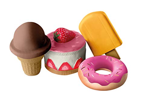 Set de 4 piezas "Squishies" de roba, articulo 98147 „Sweets“, terrina de helado, pastel, donut de colores, cucurucho de helado, juguete antistress, complemento para tiendas y cocinas roba, multicolor.