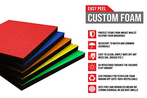 Shadow Foam Easy Peel (600mm x 420mm) | espuma personalizable para organizar cajas de herramientas (Paquete de cinco (Profundidad de 30mm), Rojo sobre negro)