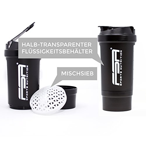 Shaker 500 ml con compartimento para los polvos, Preparador de batidos de proteínas y BCAA, libres de BPA y a prueba de vertidos, de la marca de deporte profesional FSA Nutrition - Negro