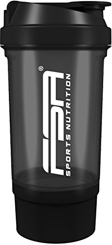 Shaker 500 ml con compartimento para los polvos, Preparador de batidos de proteínas y BCAA, libres de BPA y a prueba de vertidos, de la marca de deporte profesional FSA Nutrition - Negro