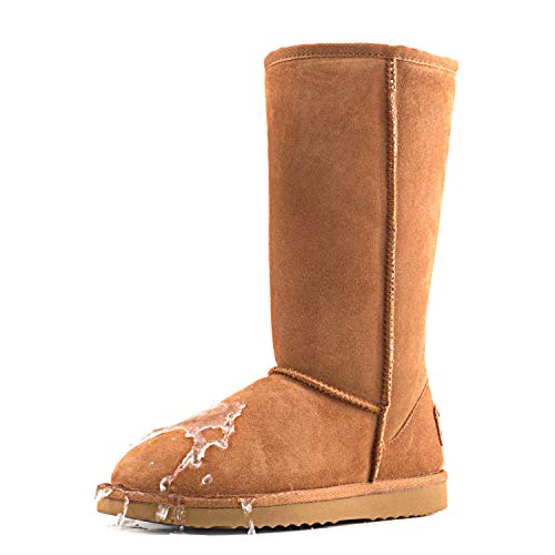 Shenduo Zapatos Invierno - Botas de Piel para Mujer de caña Alta Forradas Planas clásicas DA5815 Castaña 39