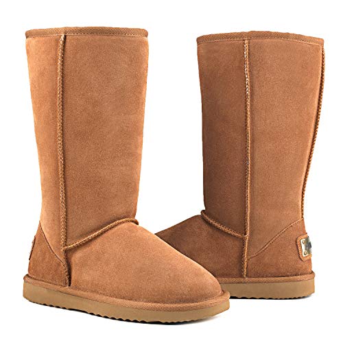 Shenduo Zapatos Invierno - Botas de Piel para Mujer de caña Alta Forradas Planas clásicas DA5815 Castaña 39