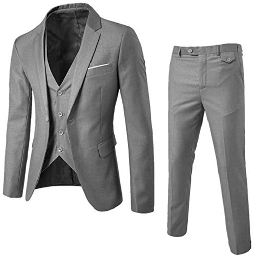 SHOBDW Hombre Traje Talla Grande de Manga Larga Abrigos de Invierno de Solapa Delgado Traje de Fiesta de Bodas de Negocios Chaqueta Blazer Chaleco Pantalones 3PCS(Gris,M)