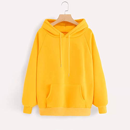 SHOBDW LiquidacióN Venta Moda para Mujer Sudadera con Capucha Pullover Blusa con Bolsillo SóLido Flojo OtoñO Invierno Manga Larga para Mujer Tops(Amarillo,L)