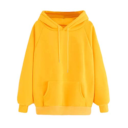 SHOBDW LiquidacióN Venta Moda para Mujer Sudadera con Capucha Pullover Blusa con Bolsillo SóLido Flojo OtoñO Invierno Manga Larga para Mujer Tops(Amarillo,M)