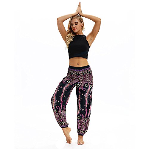 SHOBDW Mujer Hombre Pantalón Capri Moda Casual Suelta Elástica Cintura Pantalones Deportivos Hippy Pantalones de Yoga Baggy Colorido Aladdin Boho Harem(Morado)