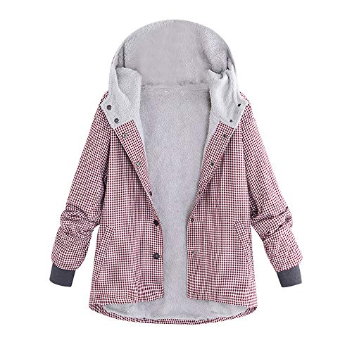 SHOBDW Mujer Sudadera con Capucha de Manga Larga de Manga Larga Estampado A Cuadros Enrejados Bolsillos Chaquetas de Punto Vintage Chaquetas de Invierno de Gran Tamaño Cálido(Rojo,XXXX-Large)