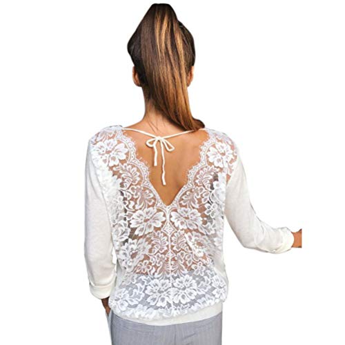 SHOBDW Mujeres de Manga Larga sólido sin Espalda O-Cuello de Encaje Sexy Sudadera Pullover Tops Blusa de otoño Camisa(Blanco,L)