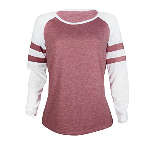 SHOBDW Separación Mujer Camiseta Manga Larga Empalme Blusa Tops otoño Invierno Ropa (S, Rojo)