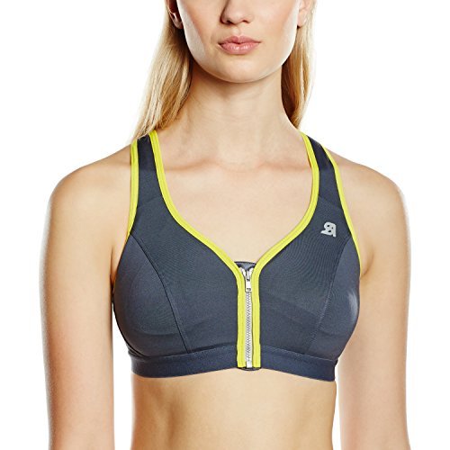 Shock Absorber Women's Active Zipped Plunge Sport Bra - Grey/Yellow, Size 32DD by Shock Absorber