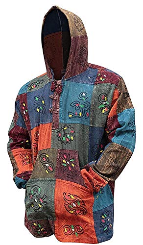 Shopoholic Moda Con Capucha Prelavado Patchwork En Bloques Abuelo Hippie Camisa - mix, Medium