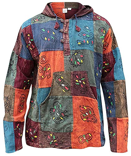 Shopoholic Moda Con Capucha Prelavado Patchwork En Bloques Abuelo Hippie Camisa - mix, Medium