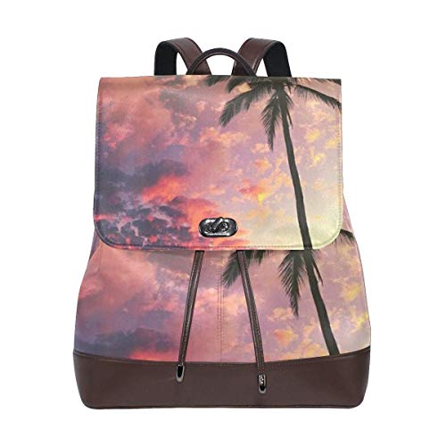 Shoulder Bookbag,Palm Tree Pattern PU Leather Backpack Colorful Sports Bags Skiing College Bookbag,32Cm(H) X11Cm(W)